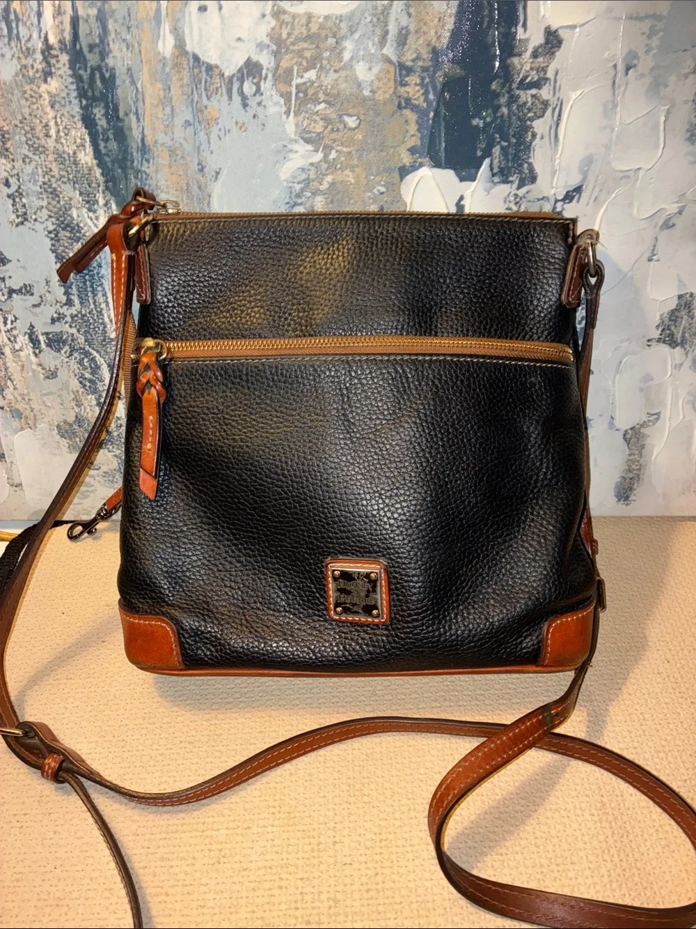Genuine Dooney & Bourke Black Leather Messenger with Brown Trim